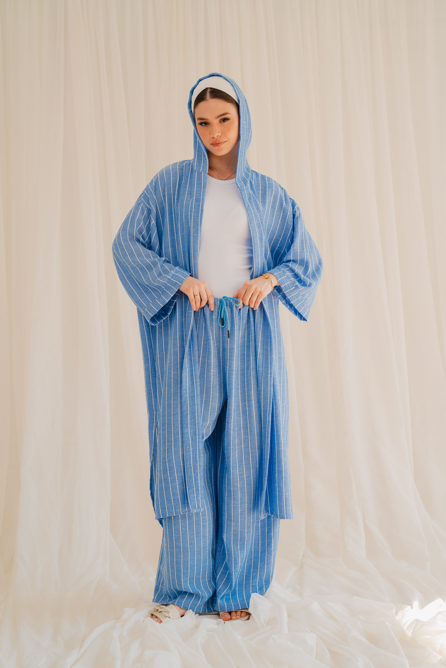 كارديجان كتان مخطط - ازرق, L